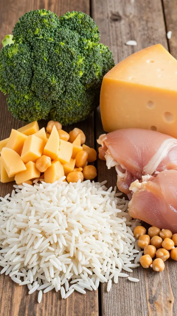Rustic kitchen scene with ingredients: rice, broccoli, cheese, chicken/c chickpeas