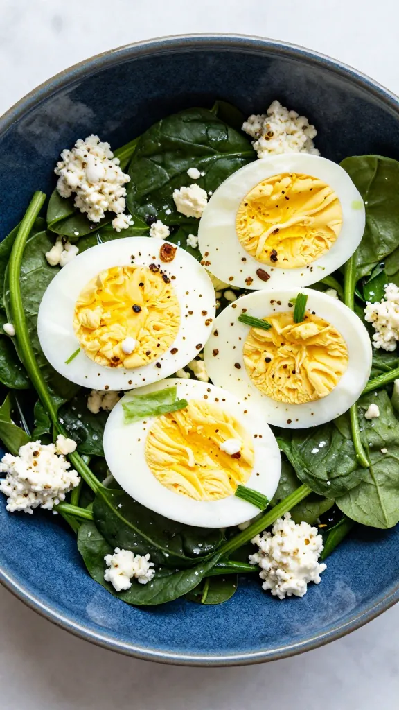 High-protein spinach feta egg bowls in a blue ceramic bowl