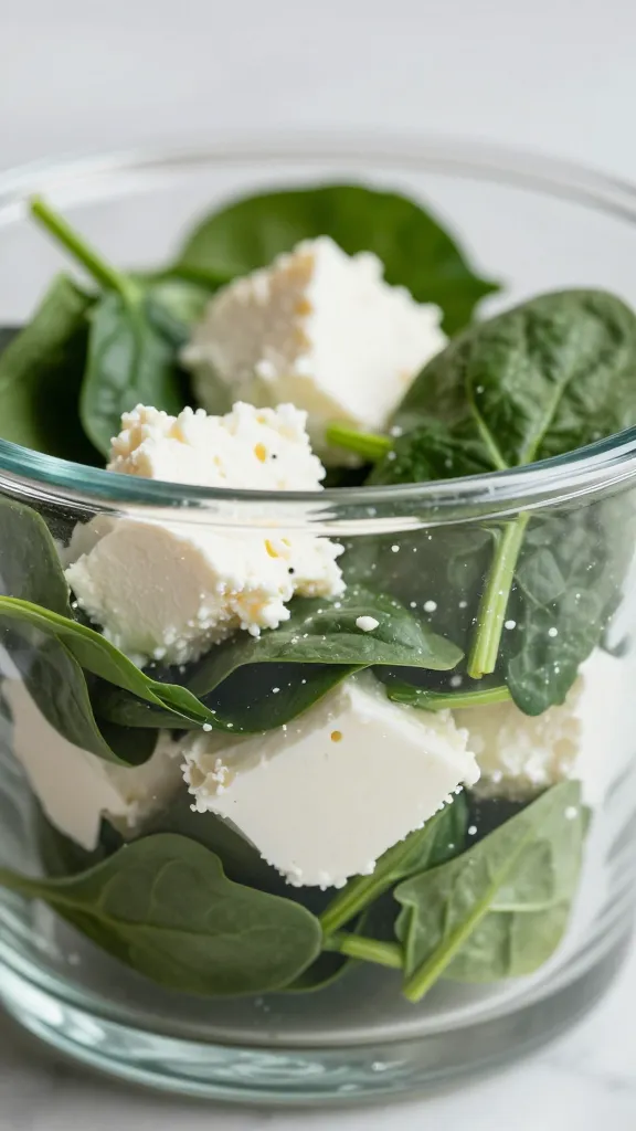 Close-up of layered eggs, spinach, feta in a glass oven cup