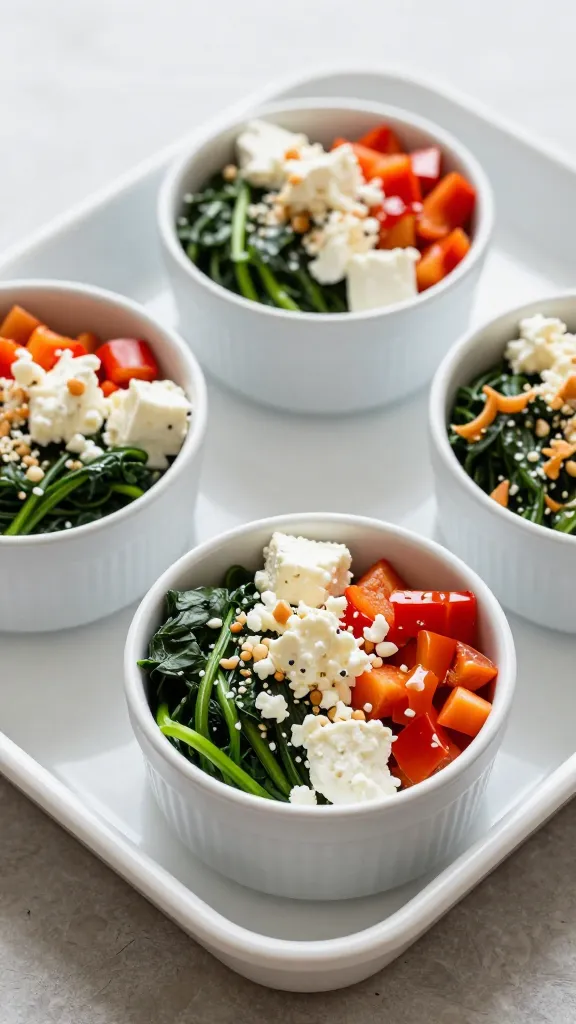 Breakfast bowls with feta, greens, and diced peppers on white tray