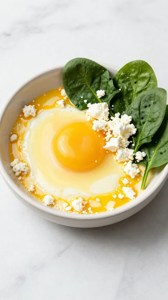 Studio shot of whisked eggs, fresh spinach, feta crumbles on marble surface