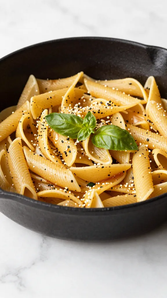 High-protein Tuscan pasta skillet in a studio kitchen