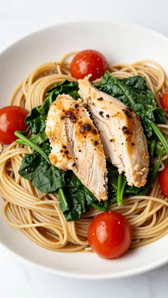 Lean chicken, spinach, cherry tomatoes over whole-wheat pasta