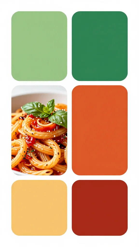 One-pan Tuscan color palette: greens, reds, golden pasta