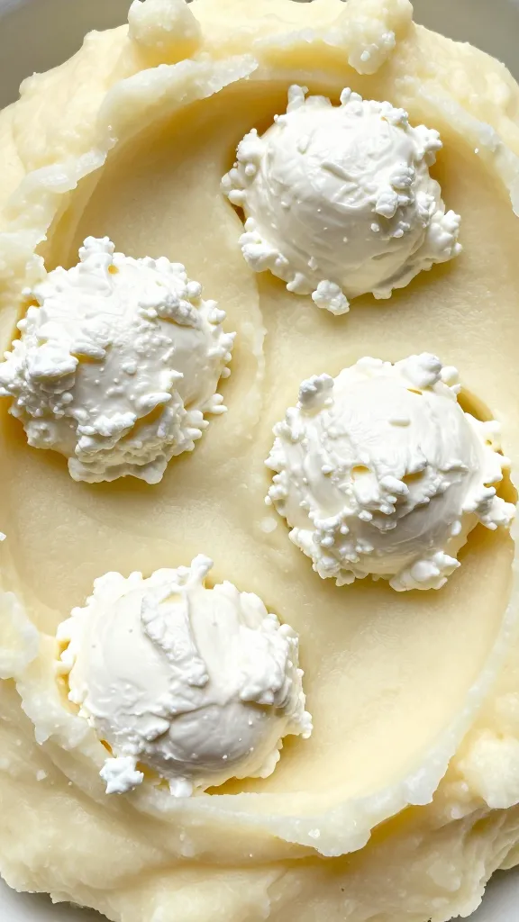 Fluffy mashed potatoes with cottage cheese pockets close-up