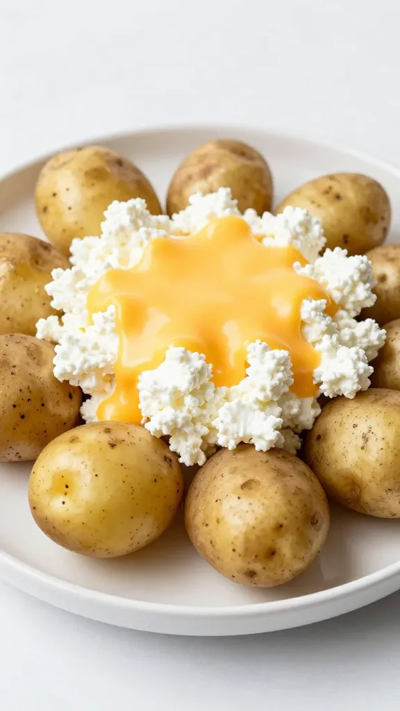 Russet potatoes, low-fat cottage cheese, melted cheese garnish plate