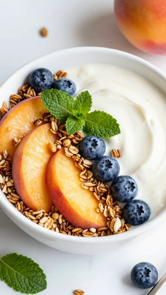 High-protein peach bowl topped with granola, mint, blueberries