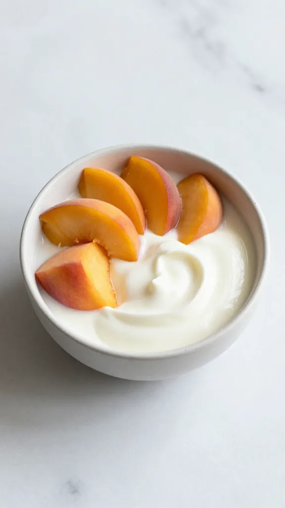 Peach yogurt bowl on clean marble surface, natural light