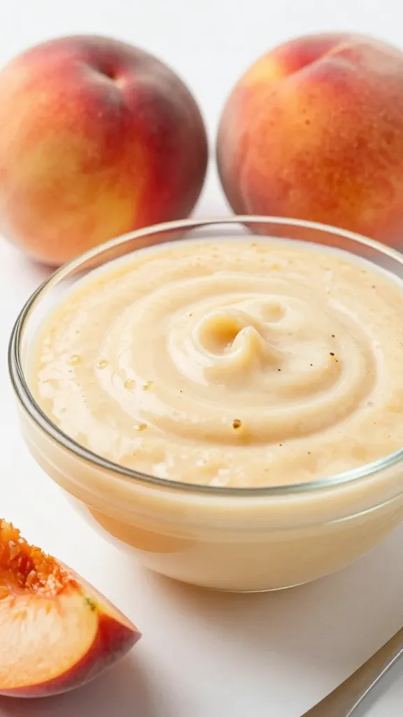 Glass bowl of peach vanilla smoothie bowl, fuzzy peaches nearby