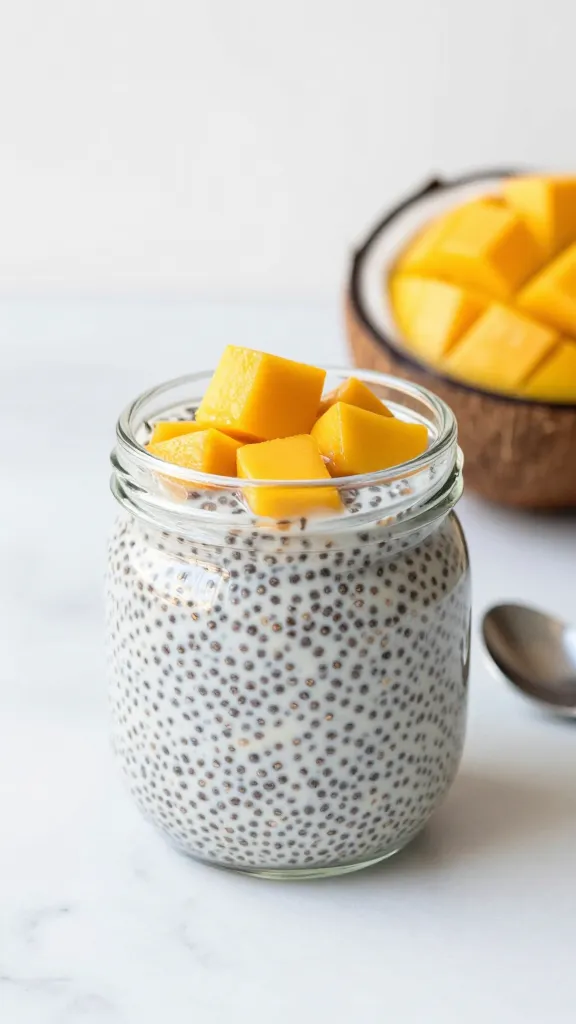 Coconut mango chia pudding in glass jar on white counter