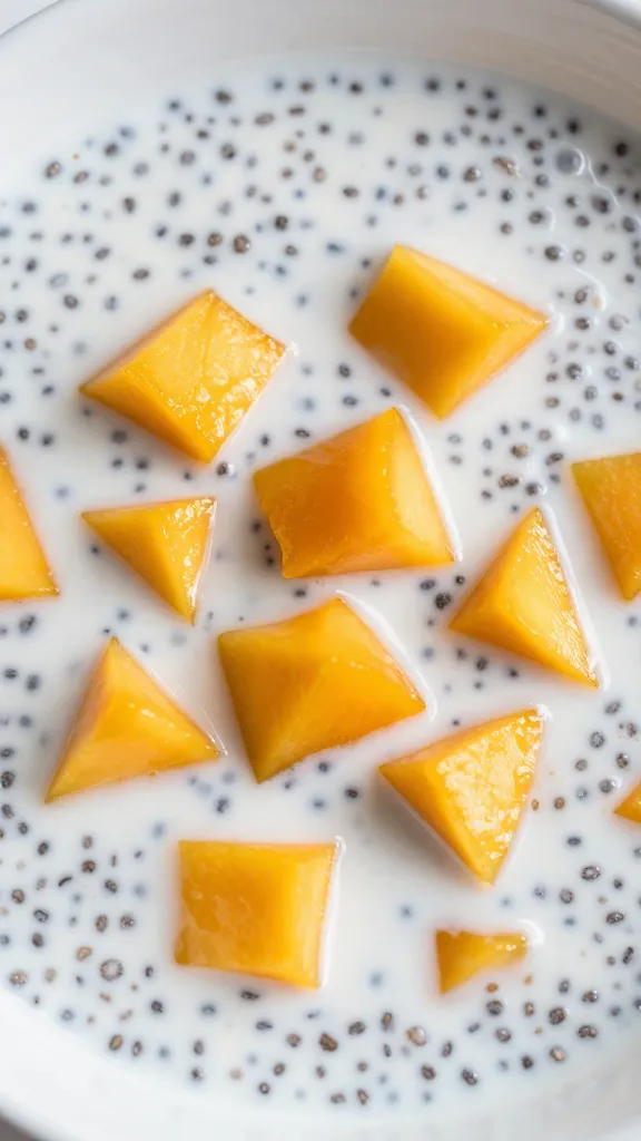 Close-up: creamy coconut milk chia pudding with mango cubes