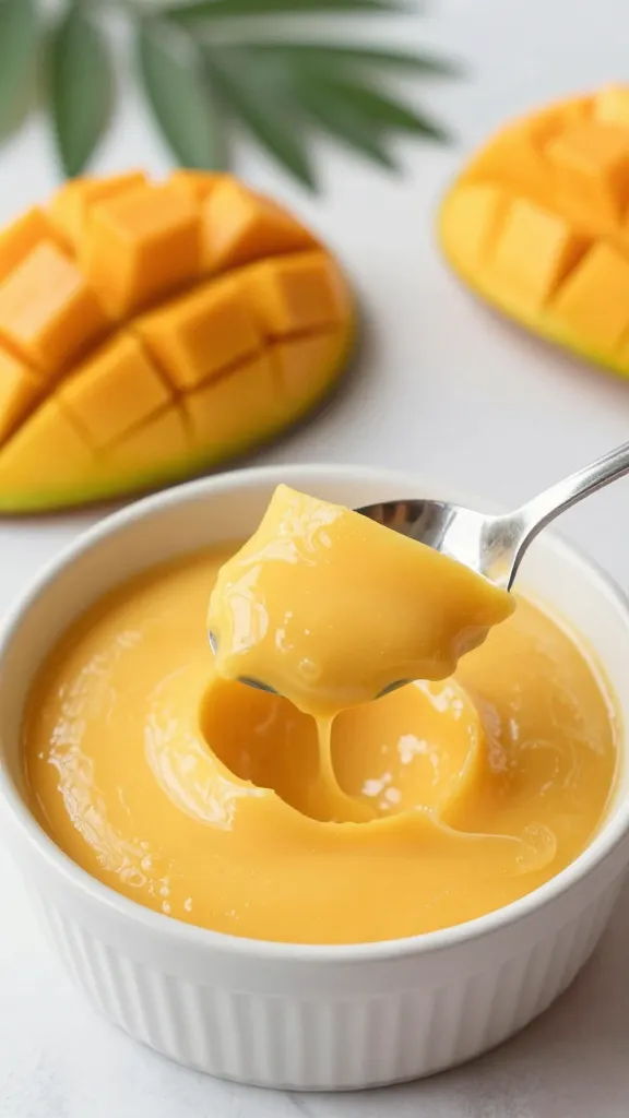 Tropical breakfast setup: spoon scooping mango-tinted pudding