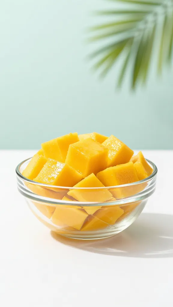 Studio shot: glass bowl, vibrant mango pieces, soft tropical lighting