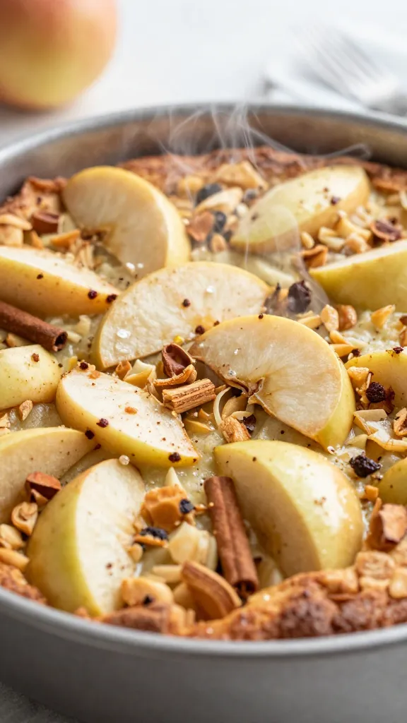 Cozy breakfast bake with apples and cinnamon steam