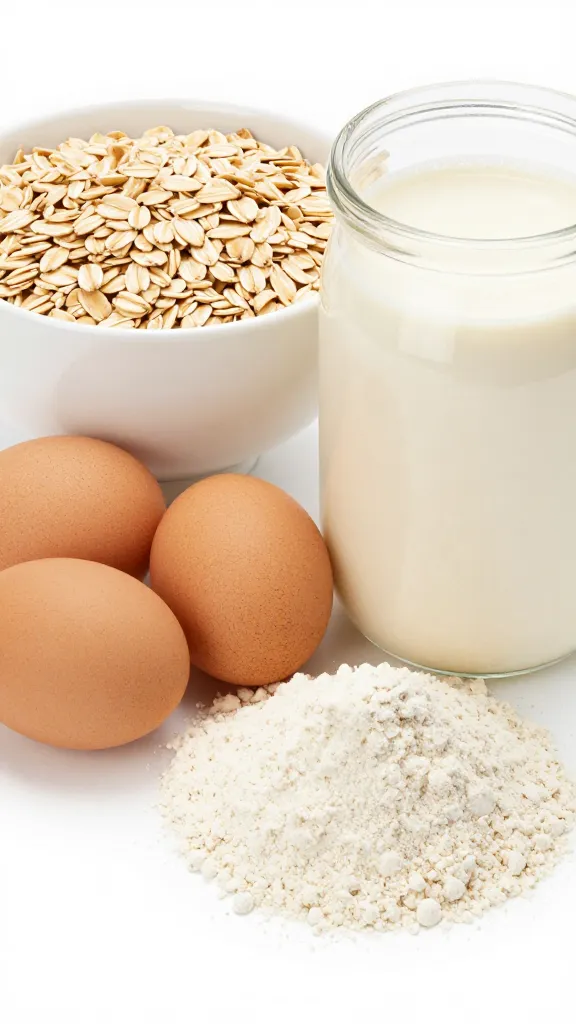 Studio shot of oats, eggs, protein powder ingredients