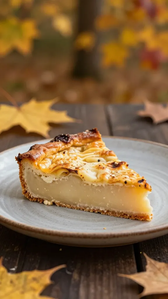 Warm morning scene: slice of bake on rustic plate, fall hues