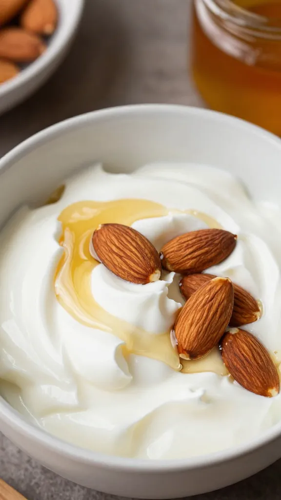 Greek yogurt bowl with almonds and honey drizzle