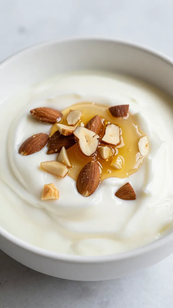 vanilla yogurt bowl topped with chopped almonds and honey