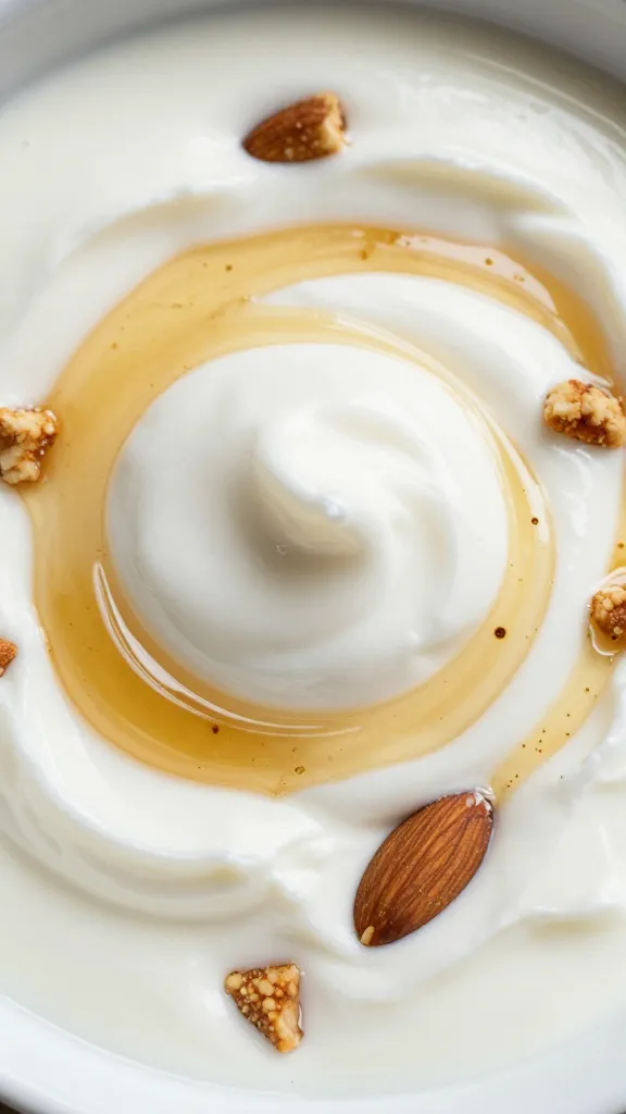 close-up of creamy yogurt, honey swirl, almond crunch