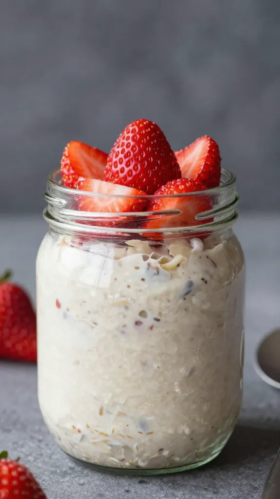 Overnight oats in glass jar with strawberry topping
