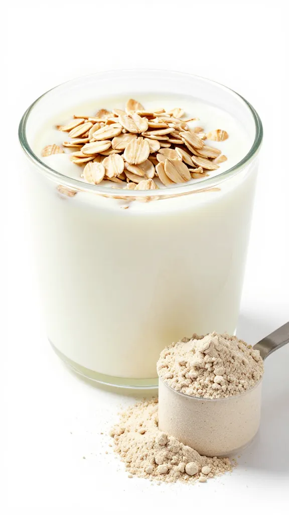 Yogurt, oats, and protein powder scoop on white background