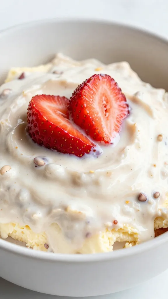 Creamy strawberry cheesecake overnight oats close-up bowl