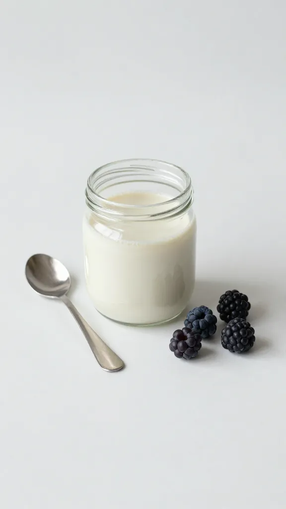 Minimalist breakfast setup: jar, spoon, berries, soft lighting