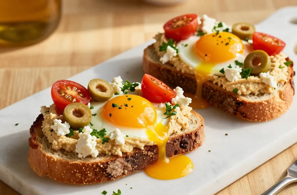Loaded Mediterranean Hummus Toast with Eggs: Breakfast Glam