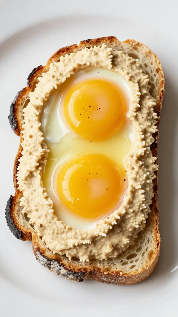 Loaded Mediterranean hummus toast with eggs on rustic sourdough