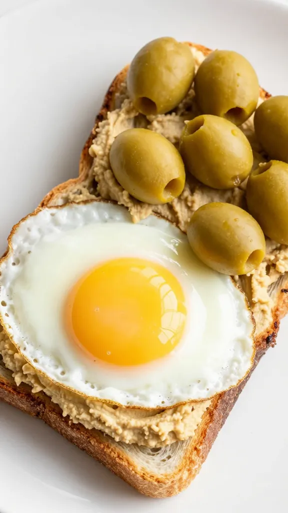Sunny-side-up eggs atop hummus toast, vibrant yellow olives