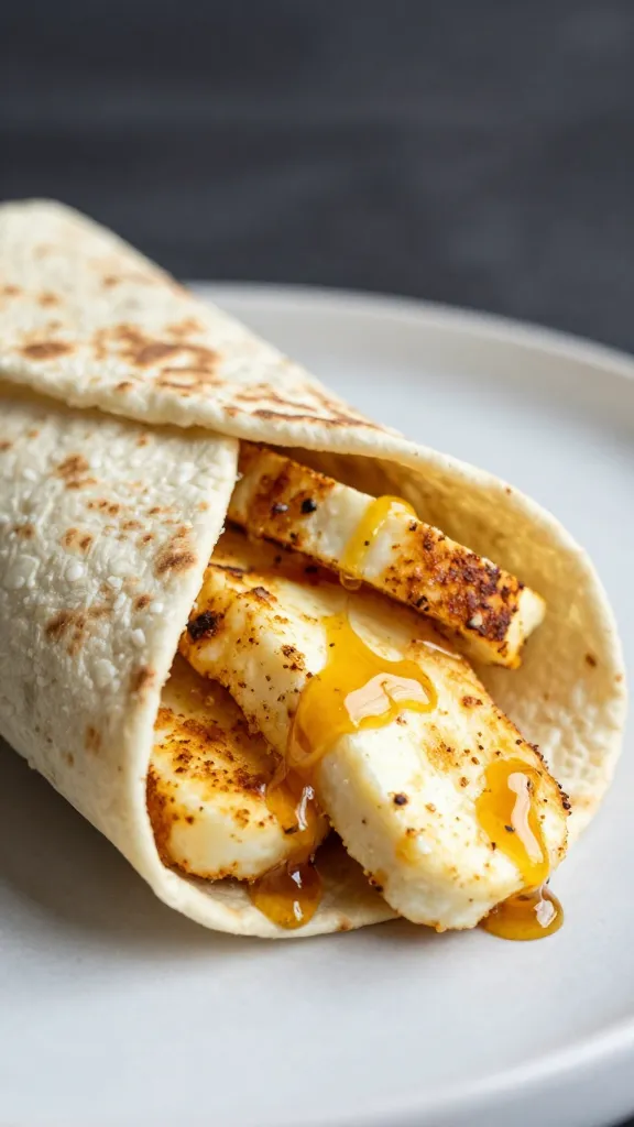 Crispy halloumi slices with hot honey drips on wrap
