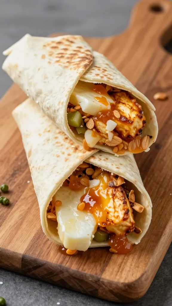 High-protein halloumi wrap on wooden board