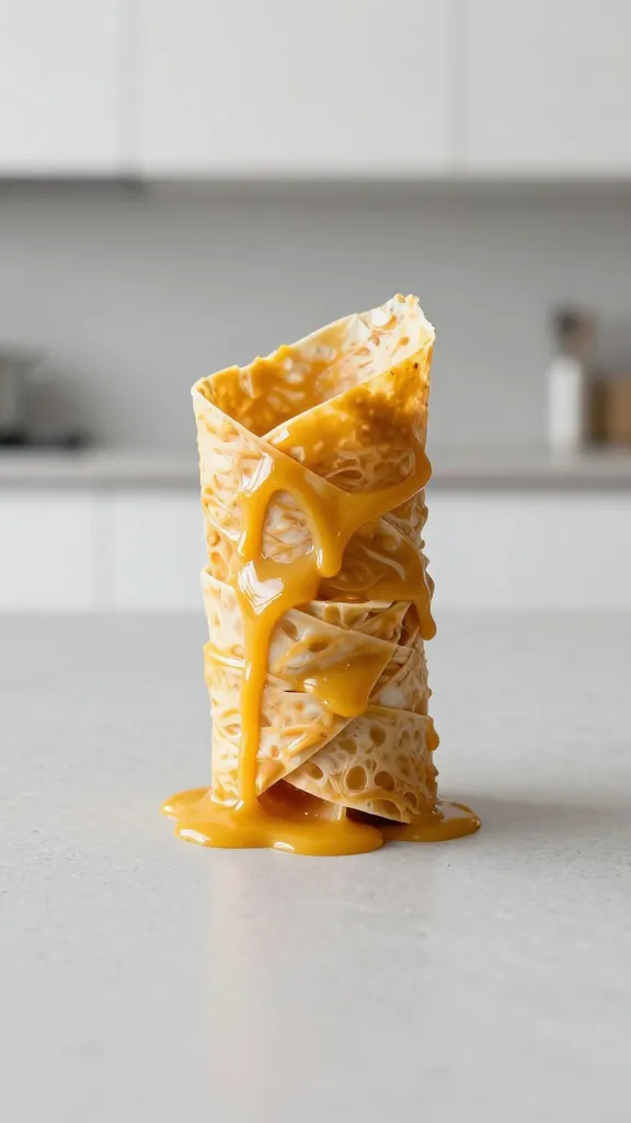 Minimalist kitchen: wrap sliced, stacked, glossy sauce drip