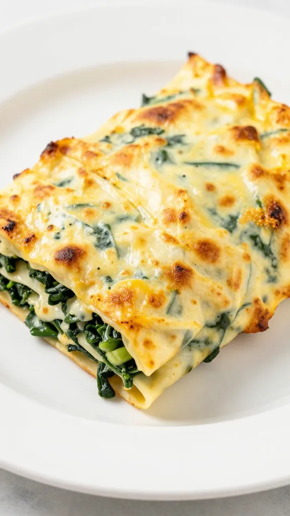 Protein-packed spinach lasagna rolls on white plate