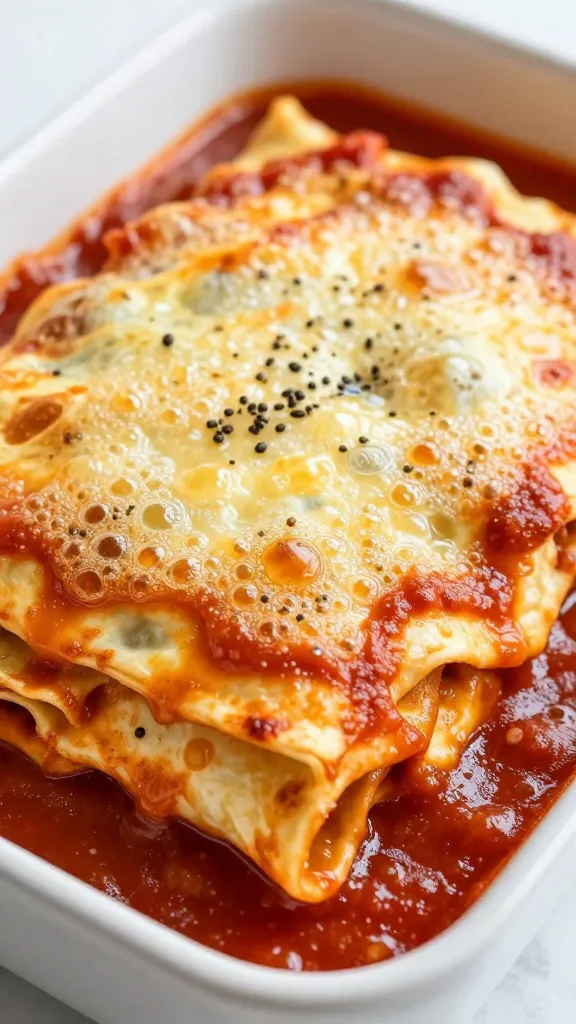 Baked lasagna rolls bubbling in red sauce