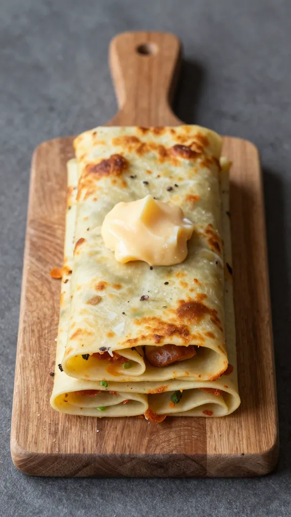Rustic cutting board with assembled lasagna rolls and cheese dollop