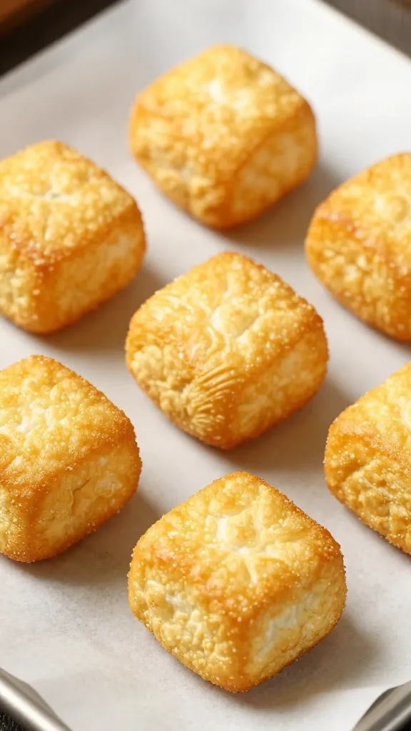 Golden crust tofu bites on parchment, crisp texture close-up
