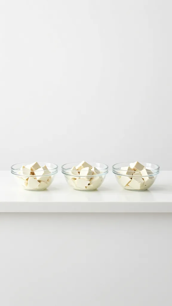 Minimalist white counter, glass bowls of tofu bowls ready to serve