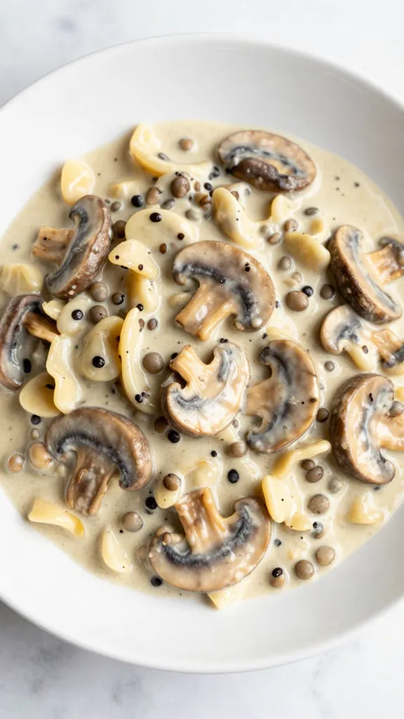 Creamy mushroom stroganoff with lentil pasta in bowl
