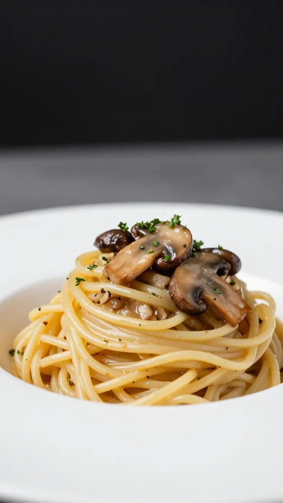 Textured pasta and mushrooms, subtle herb garnish, studio setup