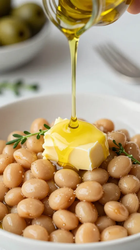 Olive oil drizzle over butter beans, herbs