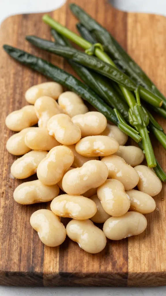 Butter beans and greens on rustic wooden board