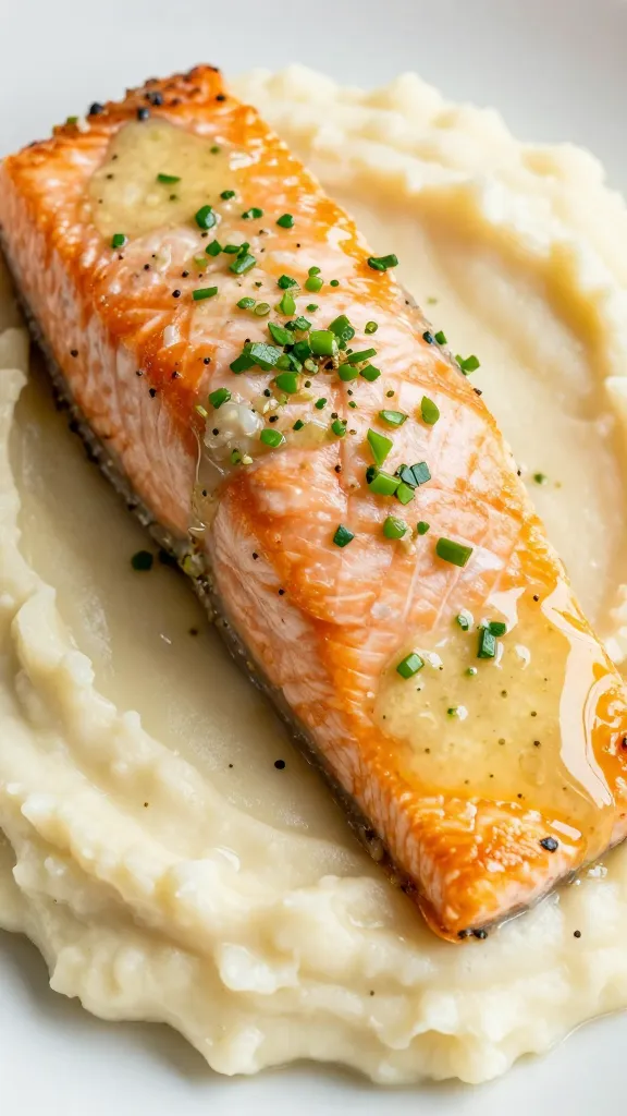 Garlic butter salmon atop parmesan mash, close-up glossy finish