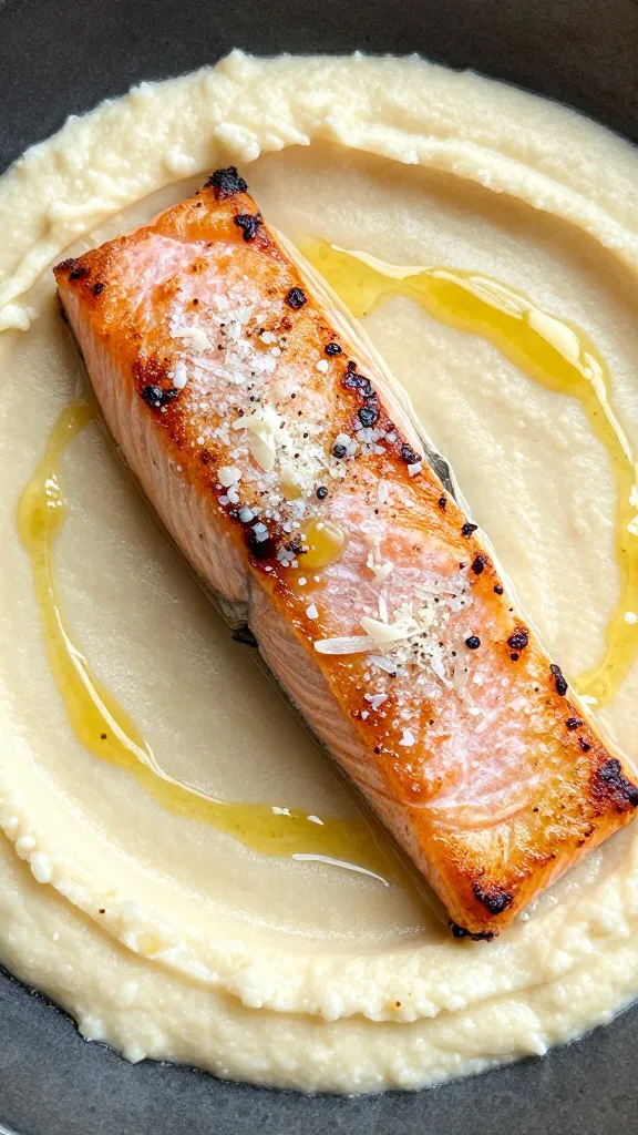 Parmesan mash bed with seared salmon, garlic butter aroma visual