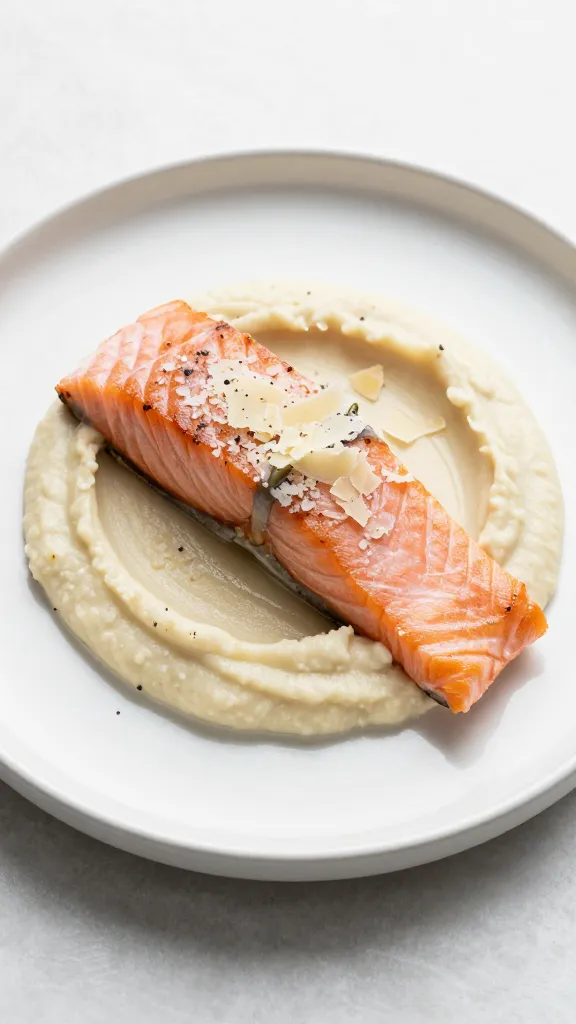 Rustic white plate: salmon, mash, parmesan shavings, soft studio lighting
