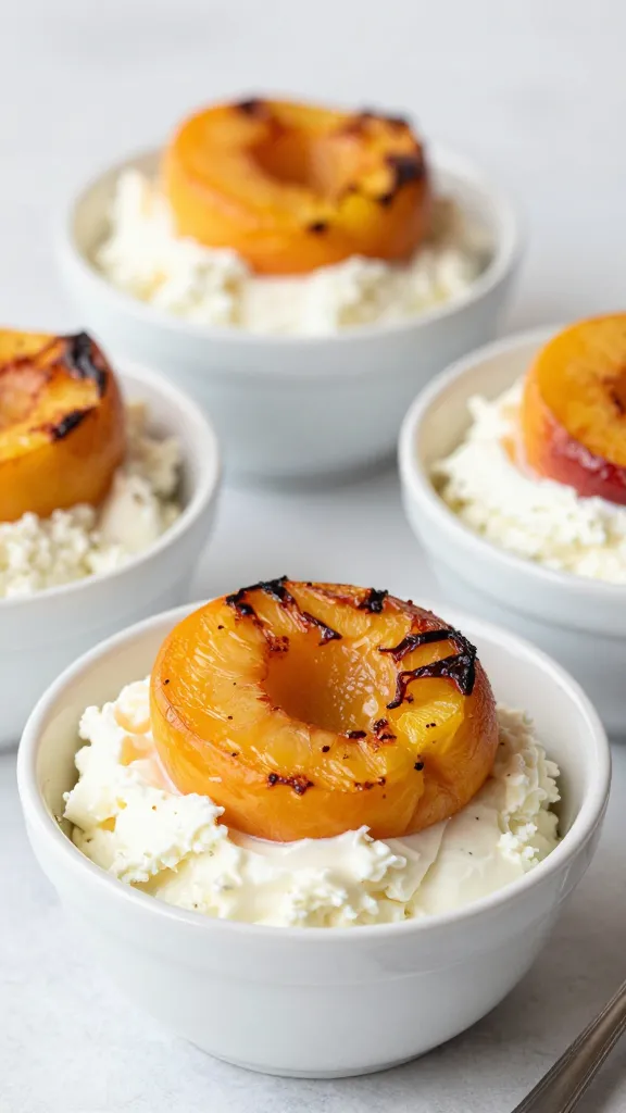 Roasted peach cottage cheese plates on white ceramic bowl