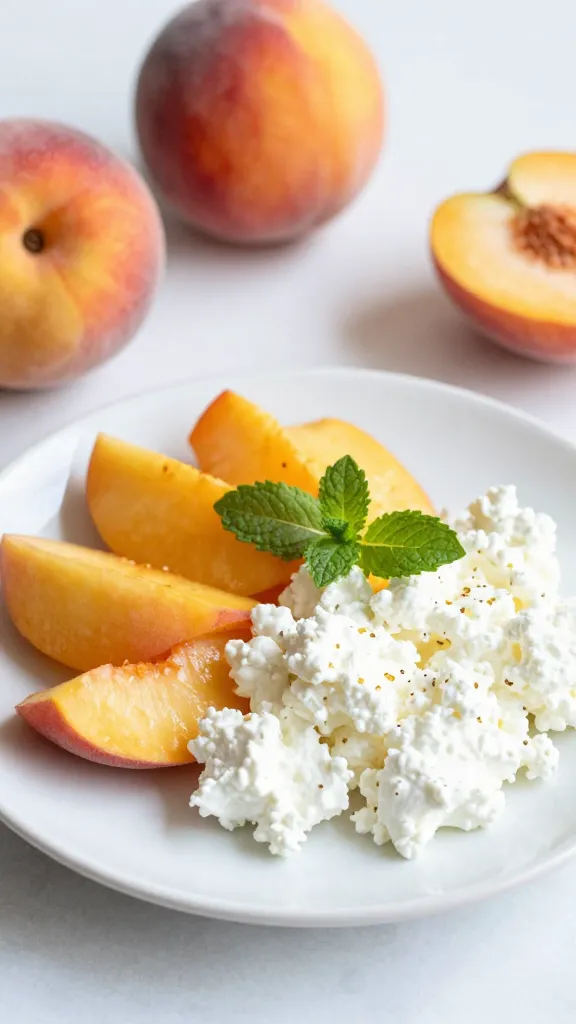 Bright brunch scene: plate of peaches and cottage cheese, mint garnish