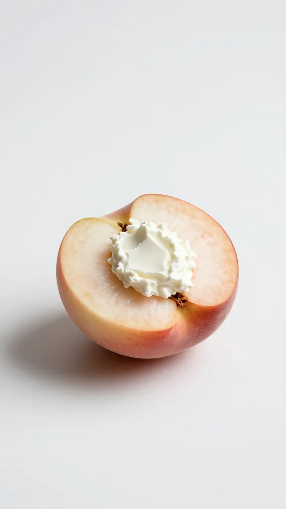 Minimalist shot: single peach half, cottage cheese dollop, light shadows