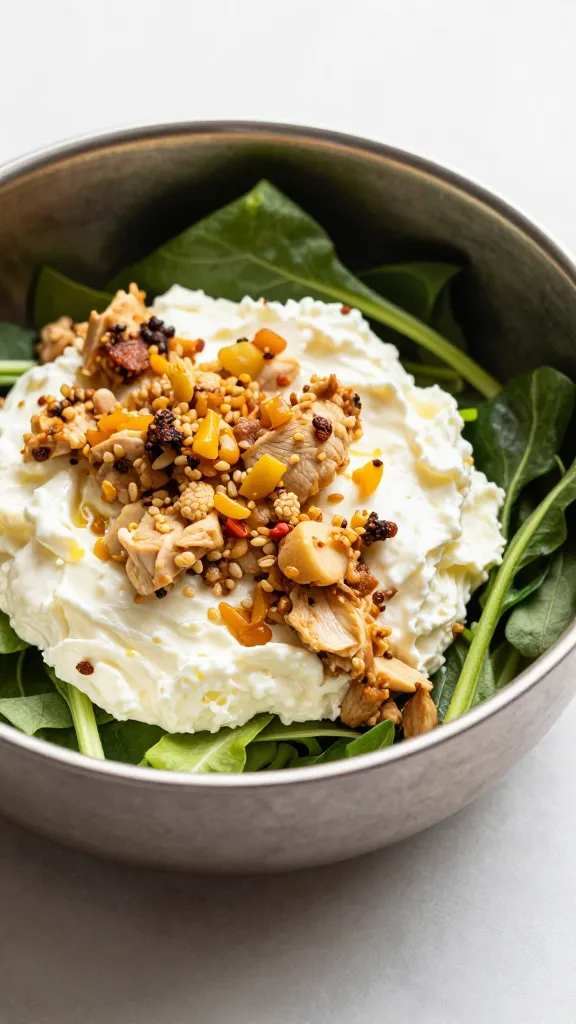 Metal lunch bowl with lemon ricotta, chicken topping, greens