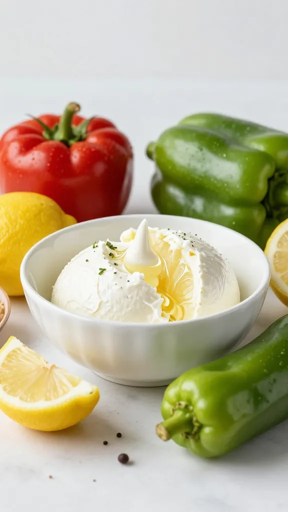 Studio shot: vibrant veggies around lemon ricotta bowl, soft light